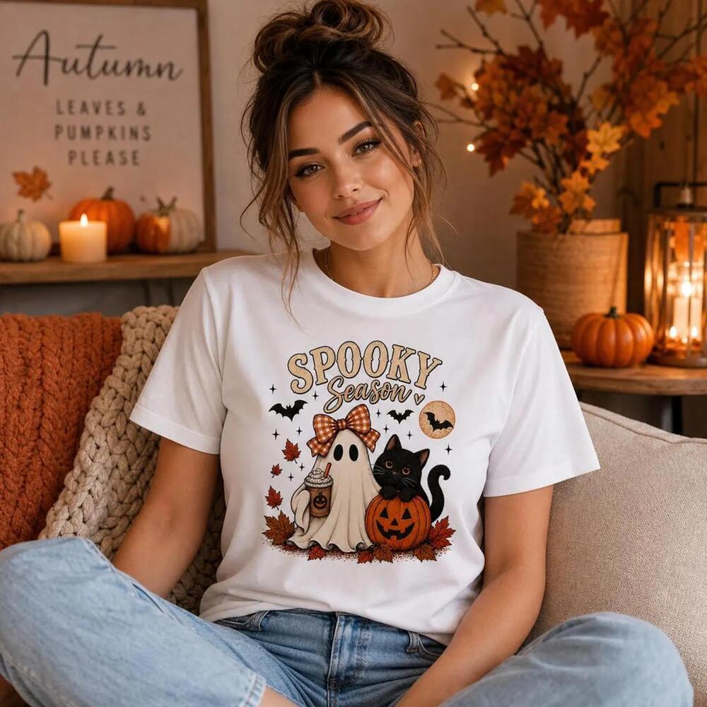 Shirt Cute Ghost Halloween Tee Black Cat Pumpkin Coffee Graphic